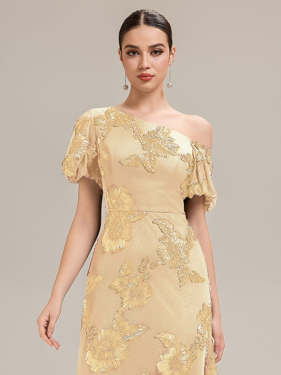Designer One-Shoulder Puff Sleeve Evening Dress - Image 6