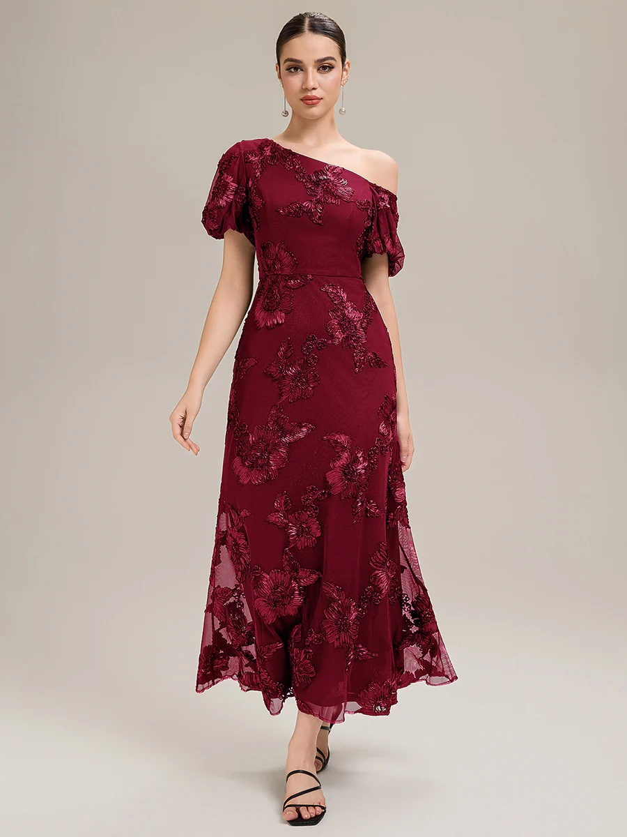 Designer One-Shoulder Puff Sleeve Evening Dress - Image 7