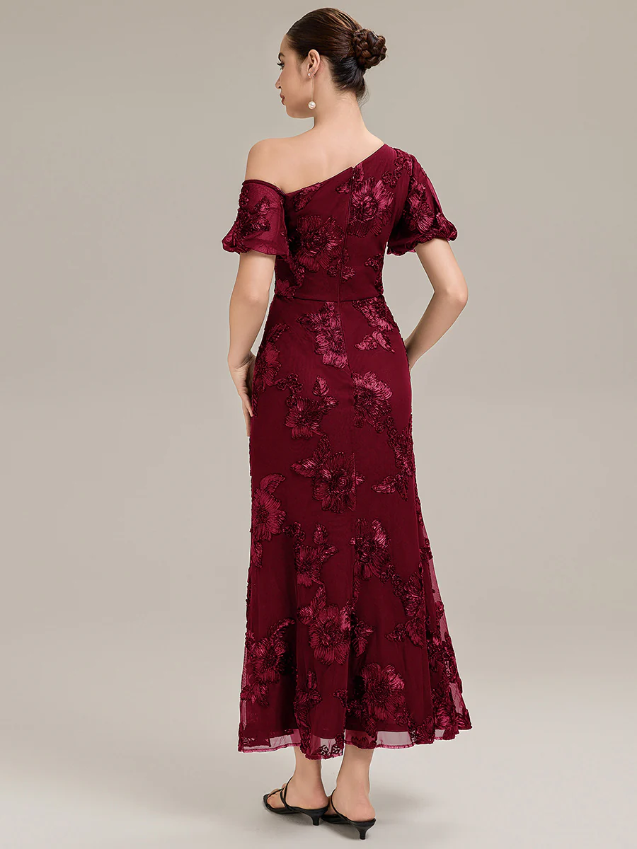 Designer One-Shoulder Puff Sleeve Evening Dress - Image 8
