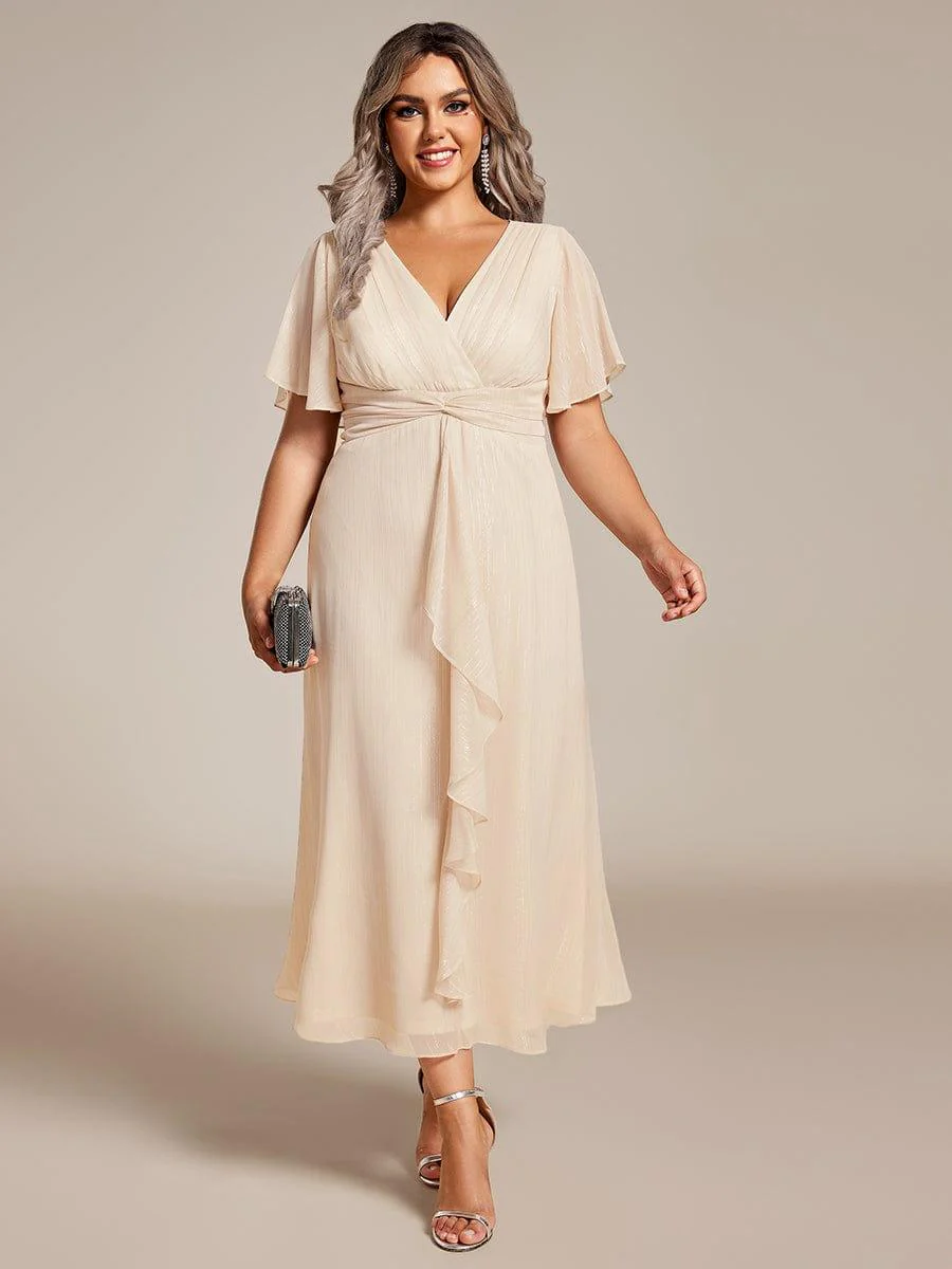 ever OPAHL|Glitter Short Sleeve A-Line Midi Wedding Guest Dress with Ruffled Hem - Image 35