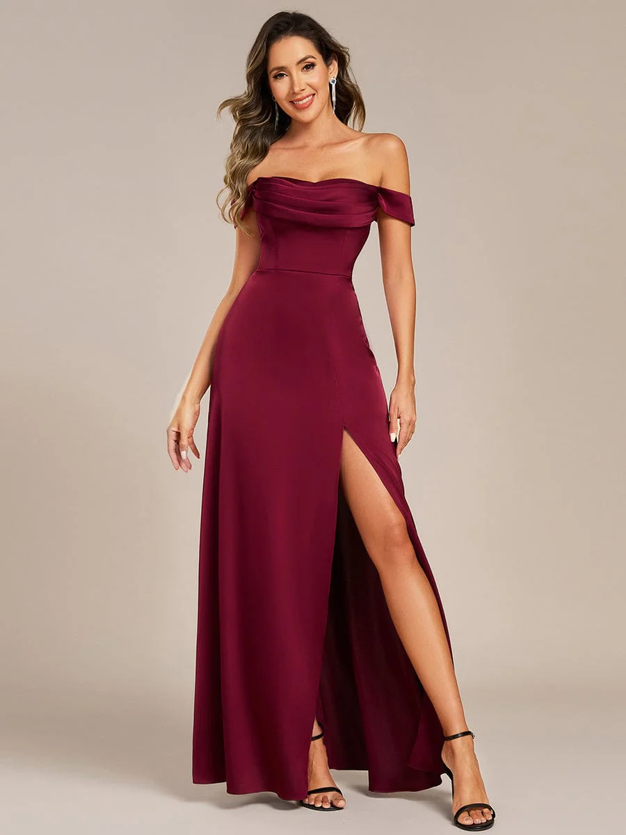 ever OLIVE|Designer Off Shoulder Back-Tie Satin Evening Dress - Image 5