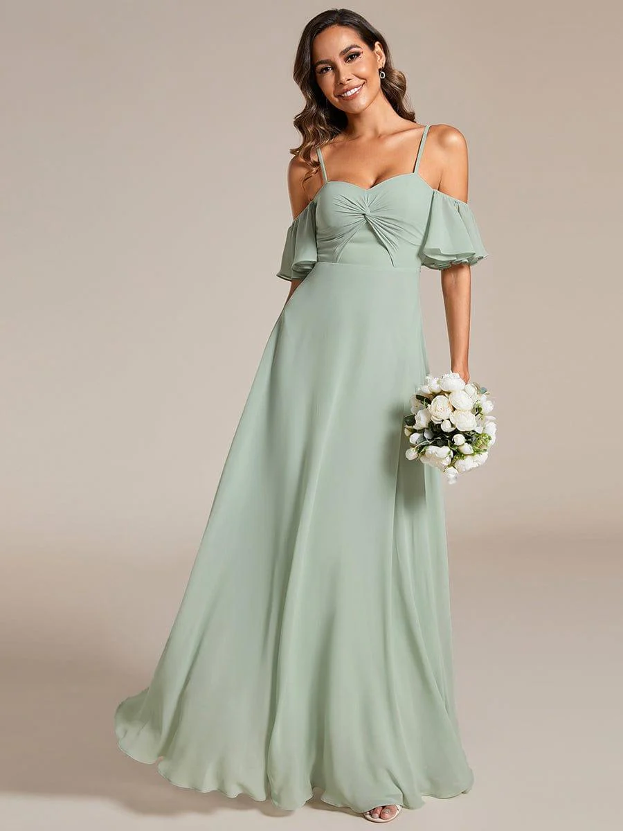 Off Shoulder Chiffon Bridesmaid Dresses with Ruffles Sleeve