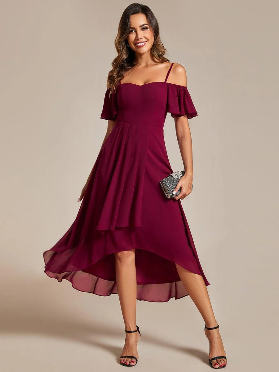 ever JORDANE|Off-Shoulder High-Low Chiffon Bridesmaid Dresses with Short Sleeves - Image 8