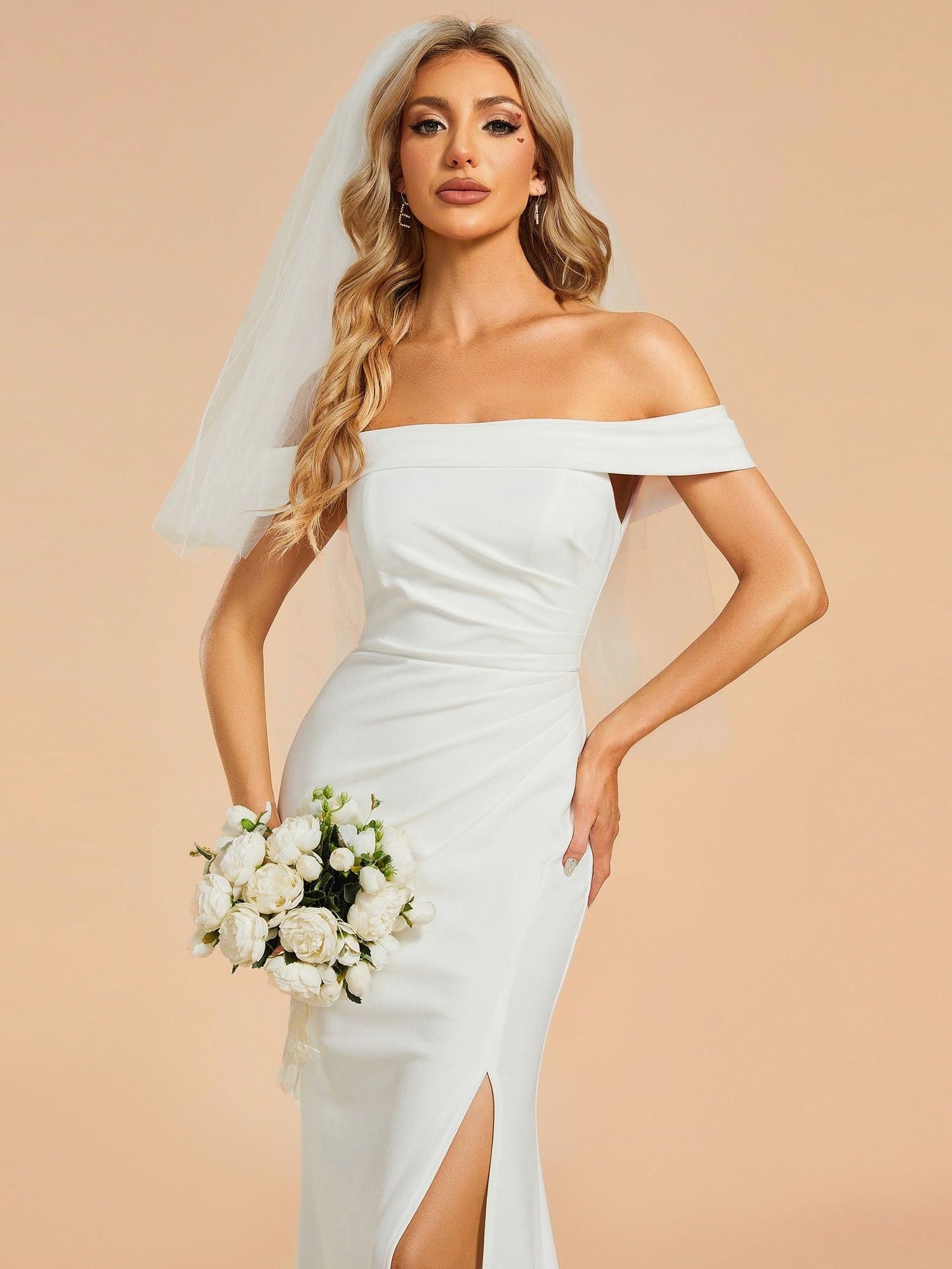 Off Shoulder Pleated Mermaid Wedding Dress with High Slit - Image 3