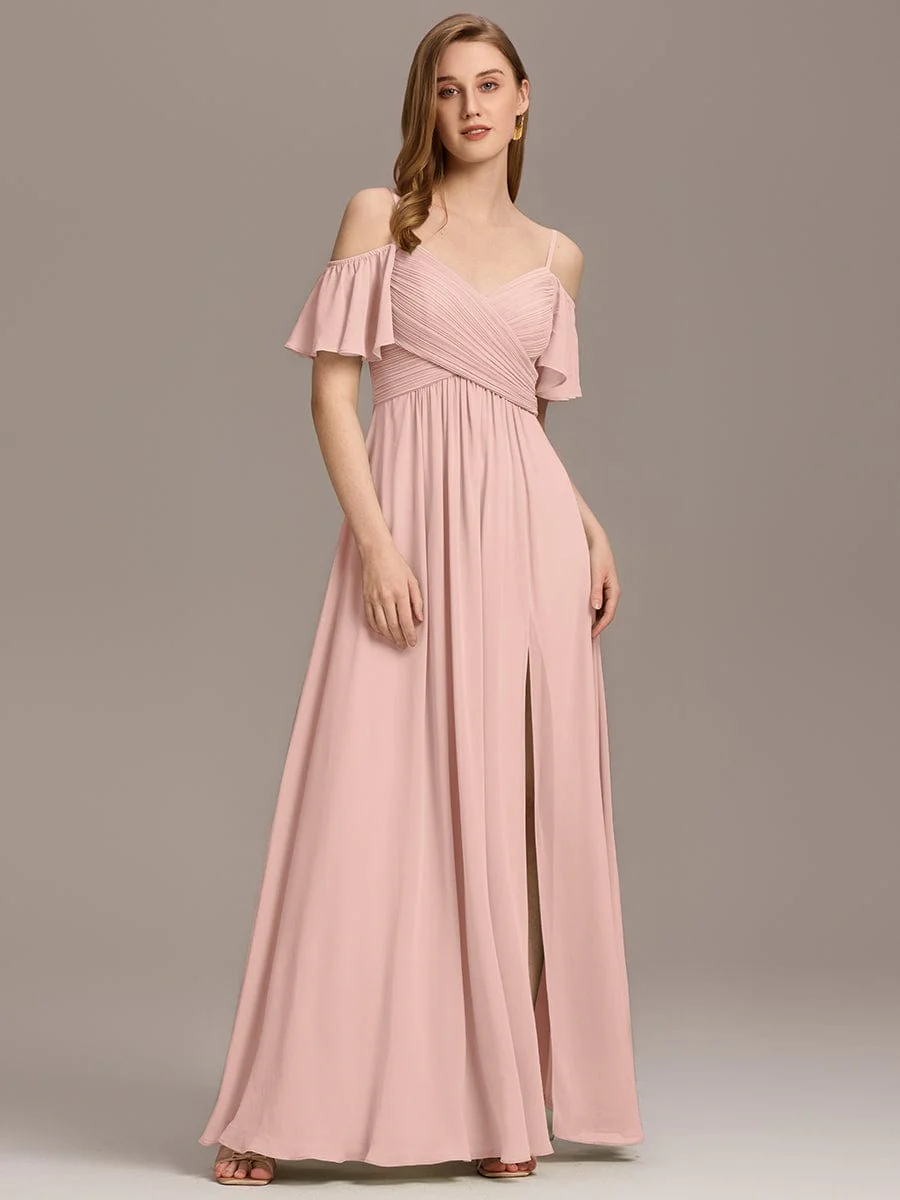 ever GRACIE|Off-Shoulder Pleated High Split Bridesmaid Dress - Image 15