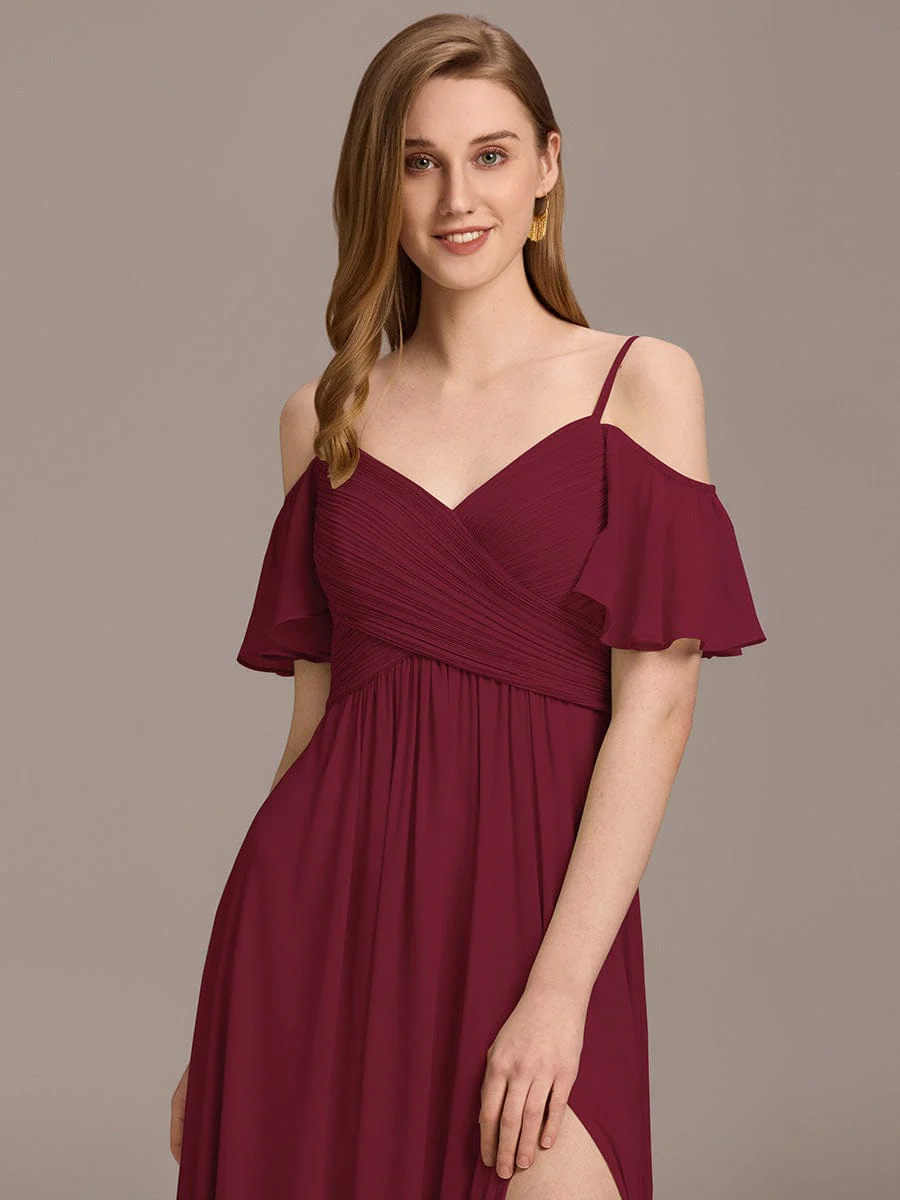 ever GRACIE|Off-Shoulder Pleated High Split Bridesmaid Dress - Image 5