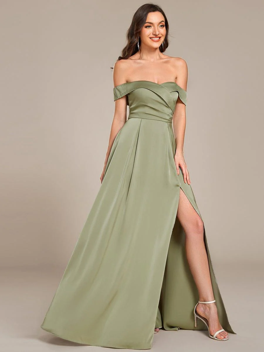 ever SKYE|Off Shoulder Ruched Lace-up Back Satin Bridesmaid Dress - Image 14