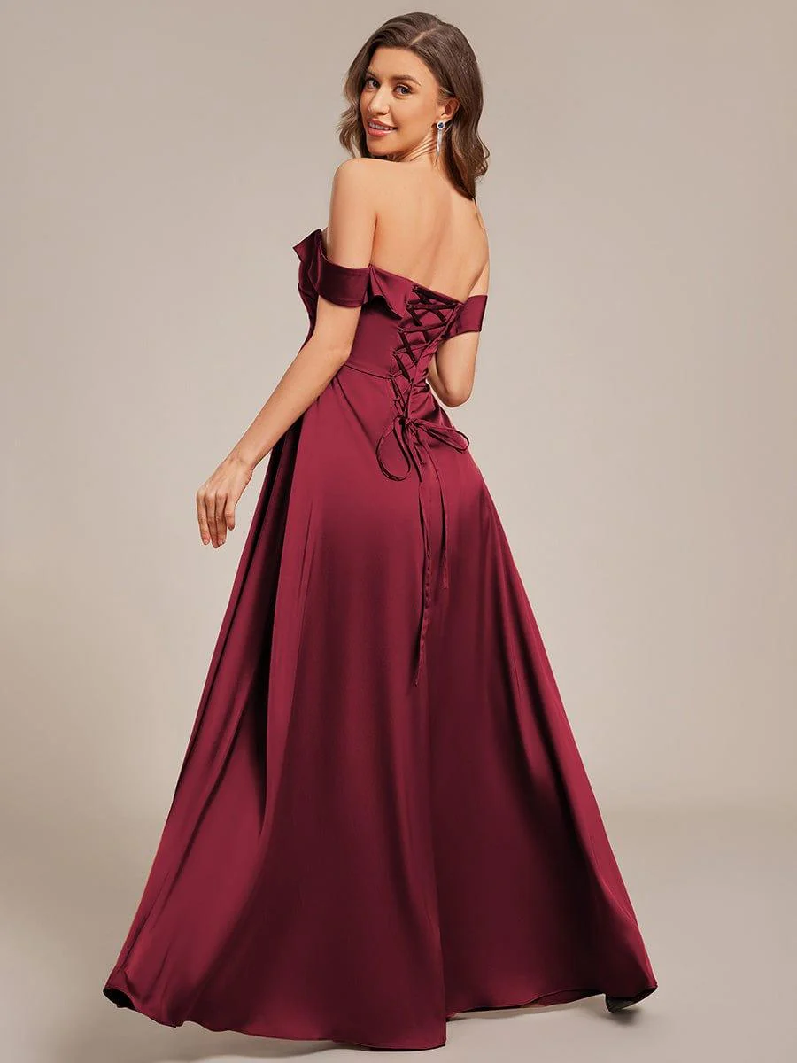 ever SKYE|Off Shoulder Ruched Lace-up Back Satin Bridesmaid Dress - Image 16
