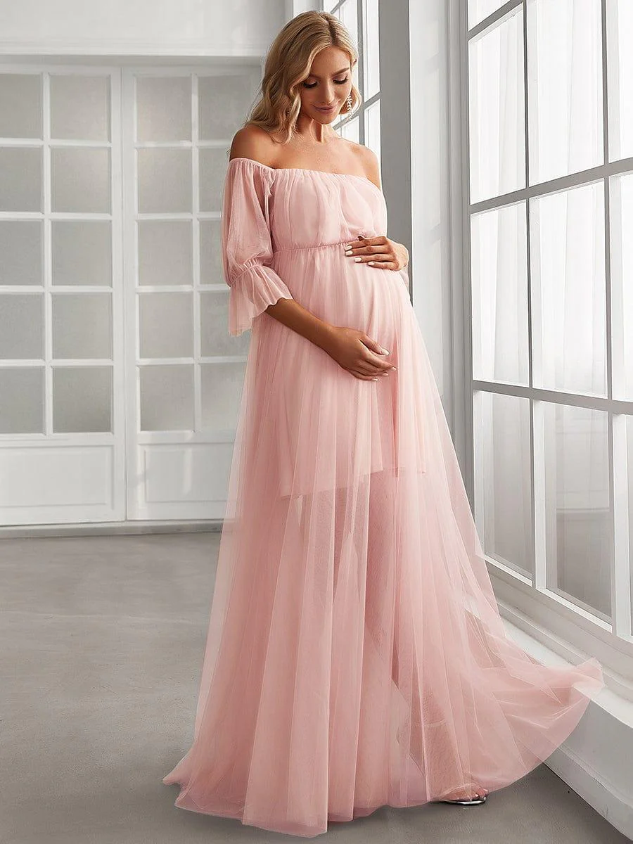 Off the Shoulder Pleated Tulle Maxi Maternity Dress in Pink - Image 4