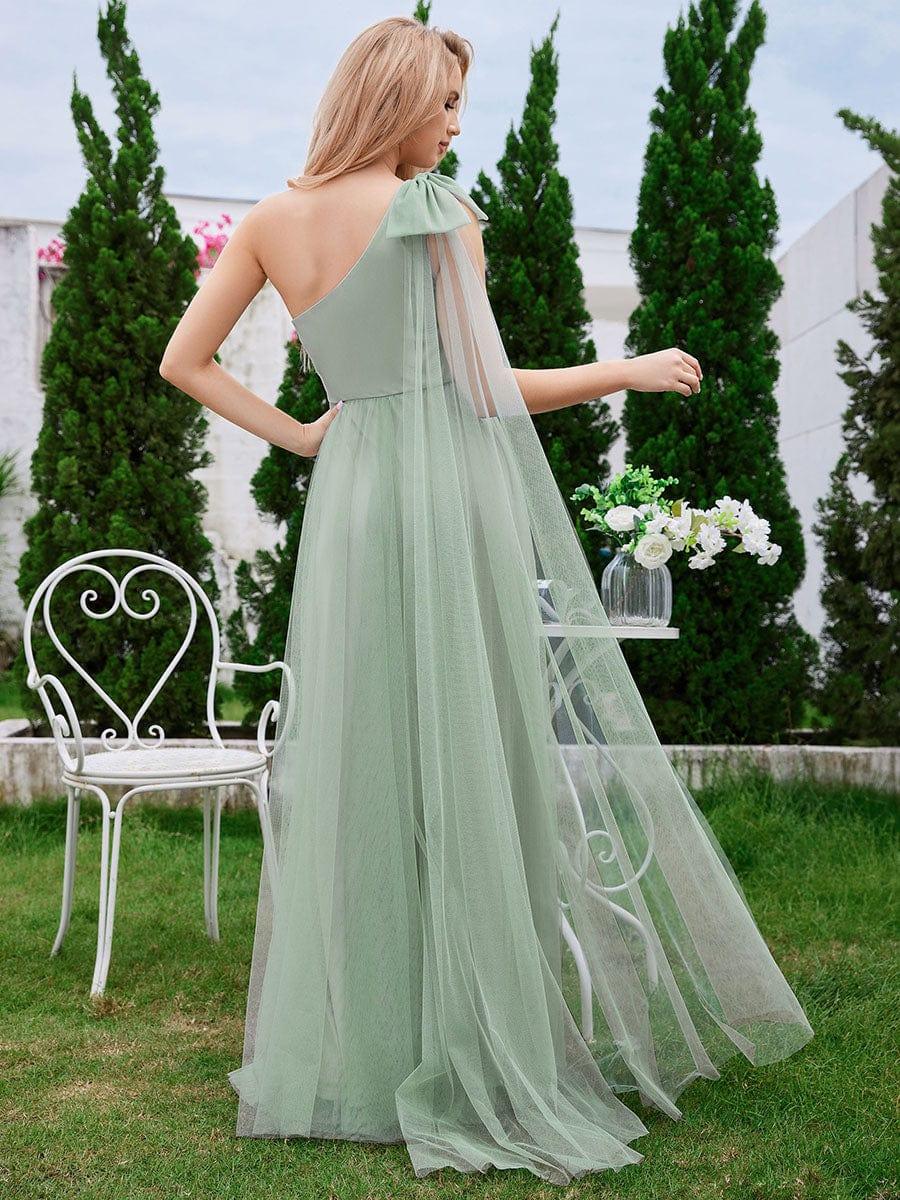 One Shoulder Streamer A-Line Tulle Maxi Bridesmaid Dress with Bowknot - Image 2