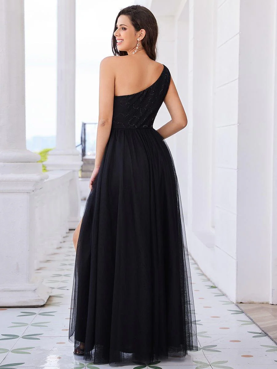 One Shoulder Tulle Maxi Prom Dress with Embellished Bodice - Image 2