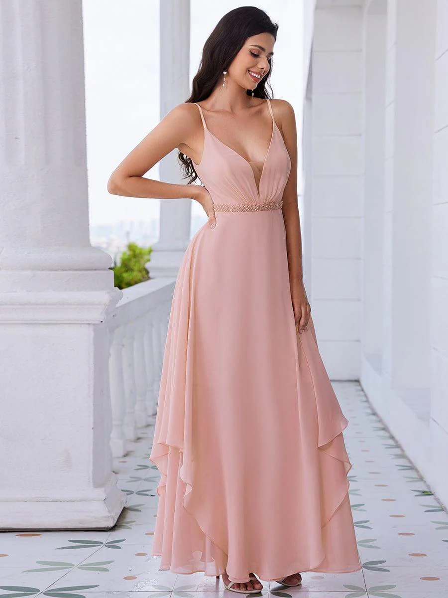 ever CLEMENT|Pearl-Embellished Waist Ruffled V-Neck Sleeveless Chiffon Bridesmaid Dress - Image 15