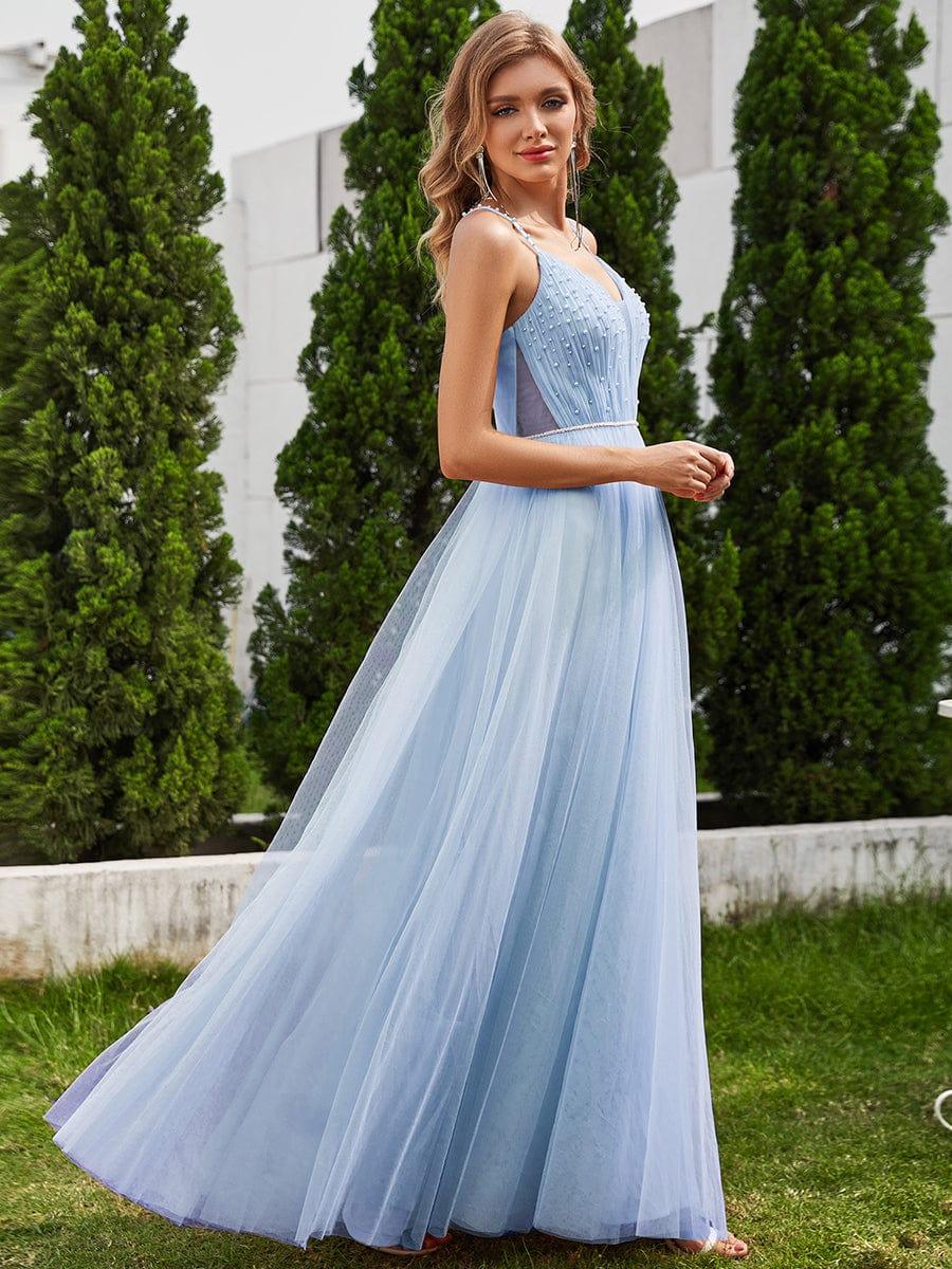 Pearl Embellishments V-Neck A-Line Wedding Dresses with Spaghetti Strap - Image 14