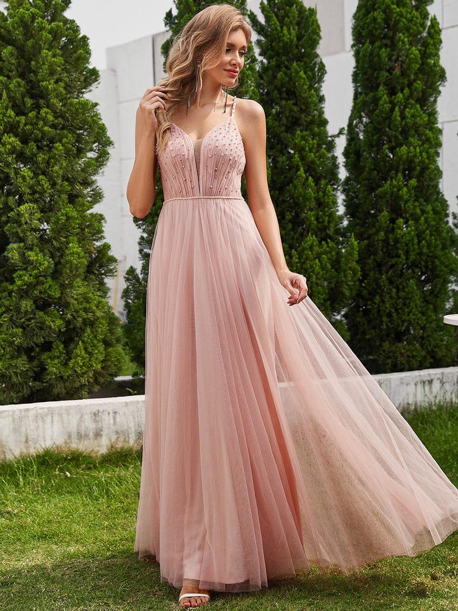 Pearl Embellishments V-Neck A-Line Wedding Dresses with Spaghetti Strap - Image 16