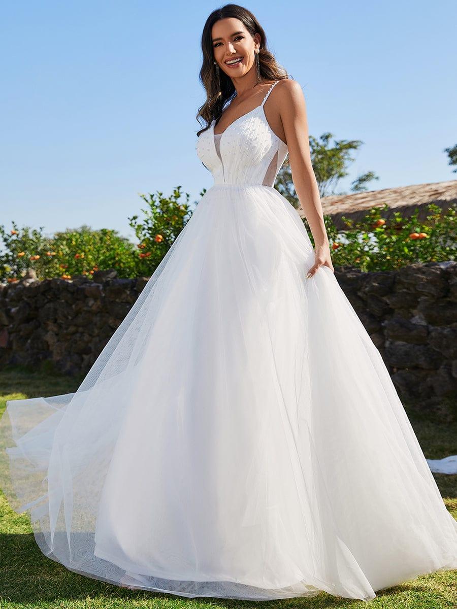 Pearl Embellishments V-Neck A-Line Wedding Dresses with Spaghetti Strap - Image 4