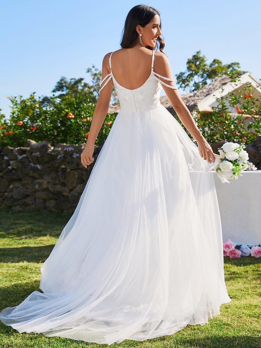 Pearl shoulder strap V-Neck Embroidered Wedding Dress with A-Line - Image 2