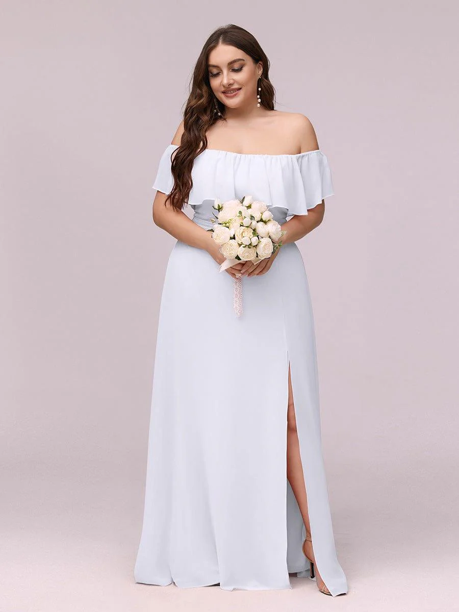 ever ÉMILE|Plain Off Shoulder Chiffon Wedding Dress with Side Split - Image 10