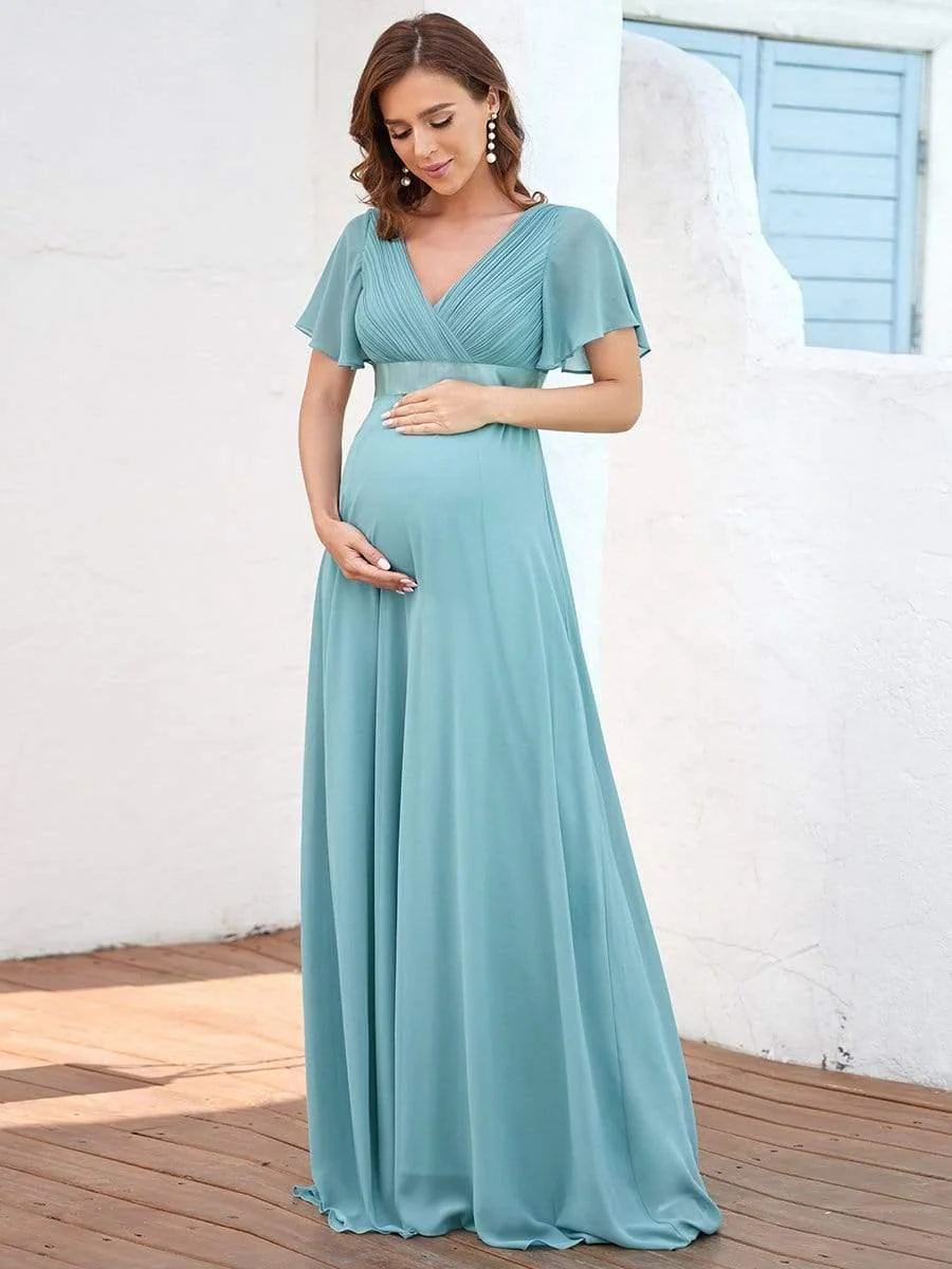 Pleated Bodice V Neck Floor Length Maternity Wedding Guest Dress with Sleeves - Image 10