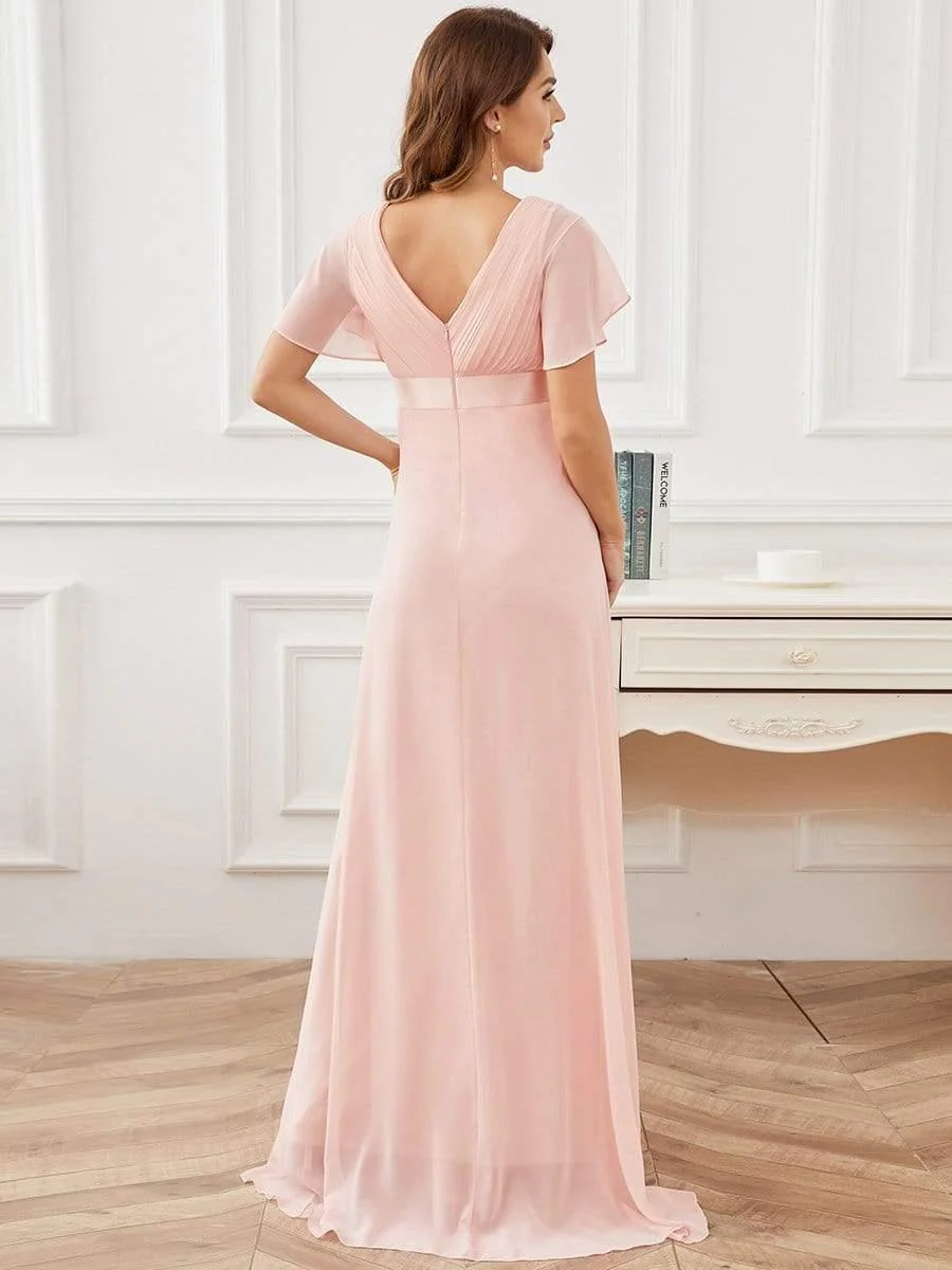 Pleated Bodice V Neck Floor Length Maternity Wedding Guest Dress with Sleeves - Image 15