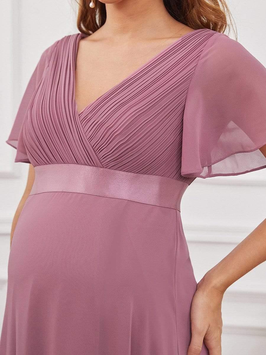 Pleated Bodice V Neck Floor Length Maternity Wedding Guest Dress with Sleeves - Image 4