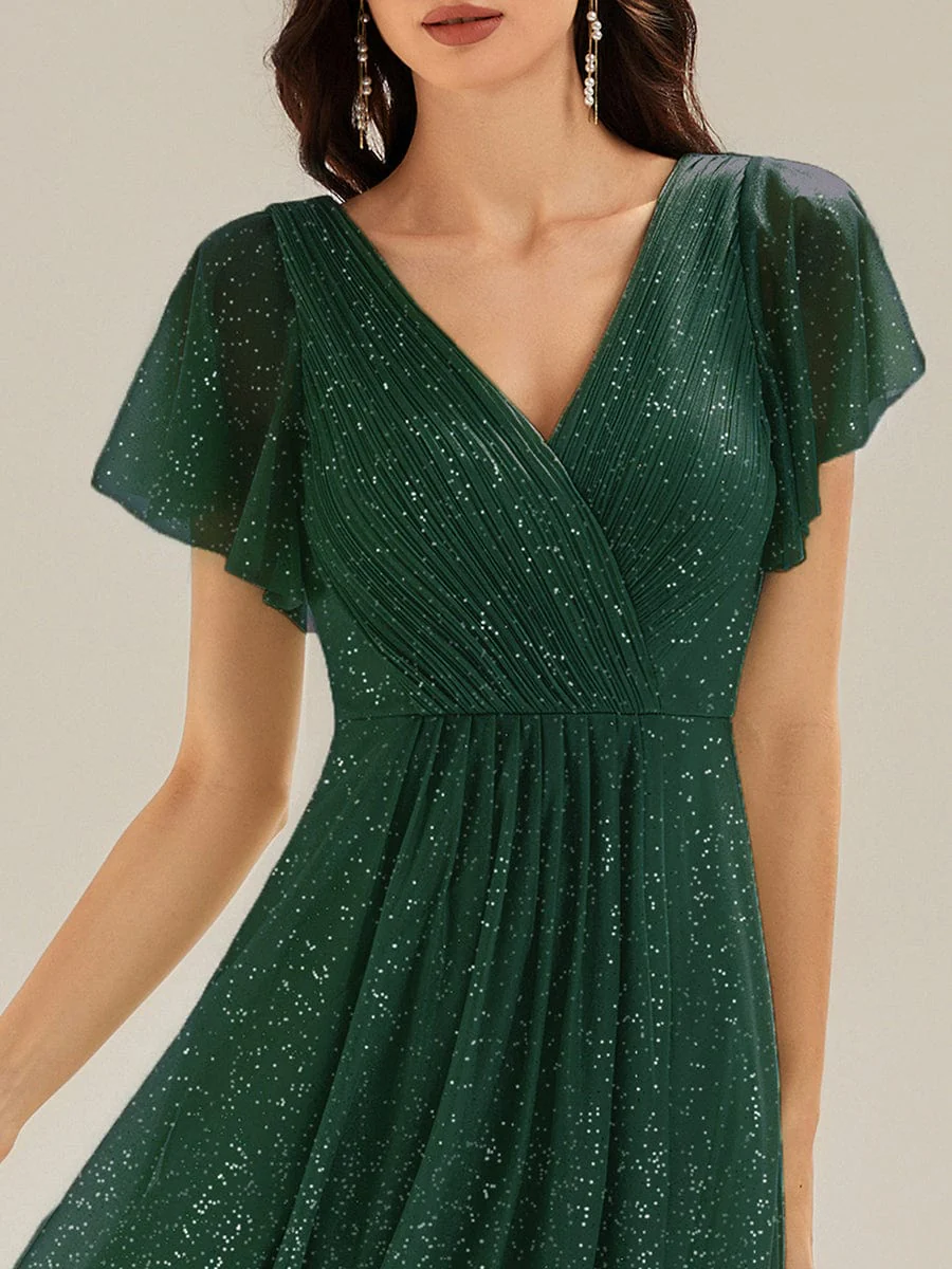 ever MIA|Pleated Glitter Ruffle Sleeve Wedding Guest Dress - Image 14
