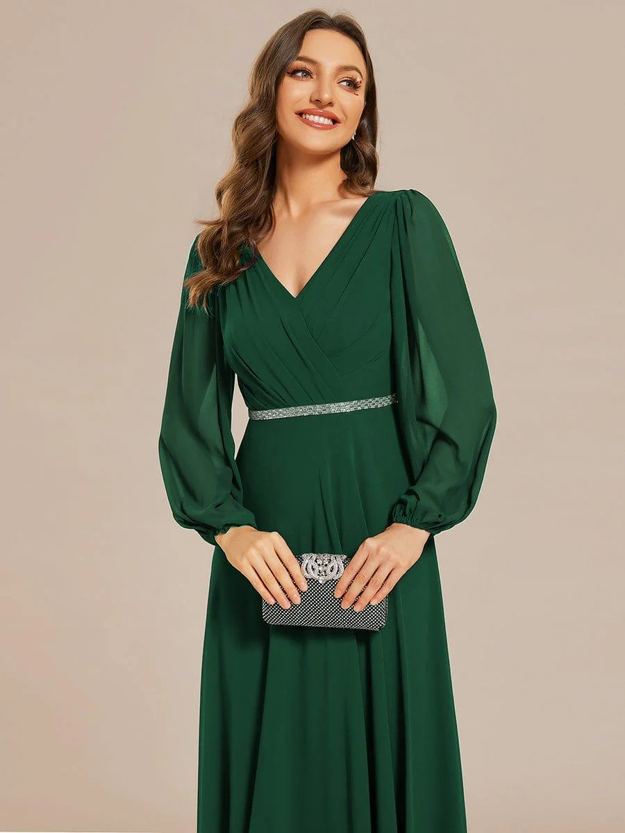 ever ESMÉE|Pleated Double V-Neck Long Sleeves Shiny Belt Chiffon Evening Dress - Image 35