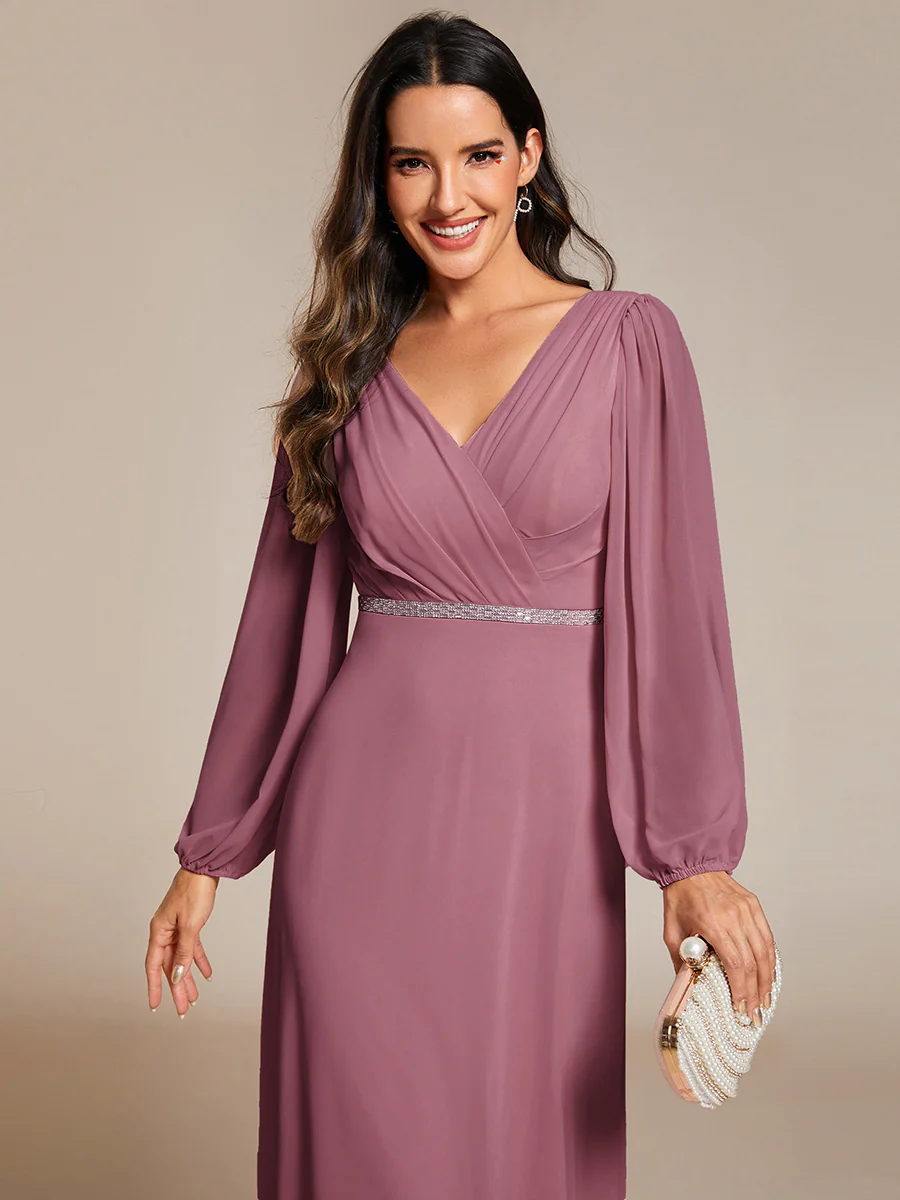 ever ESMÉE|Pleated Double V-Neck Long Sleeves Shiny Belt Chiffon Evening Dress - Image 77