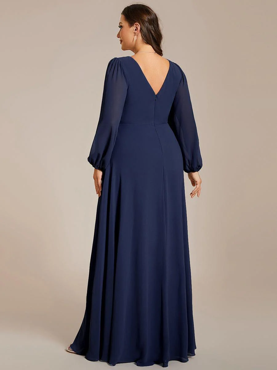 ever ESMÉE|Pleated Double V-Neck Long Sleeves Shiny Belt Chiffon Mother of the Bride Dress - Image 11