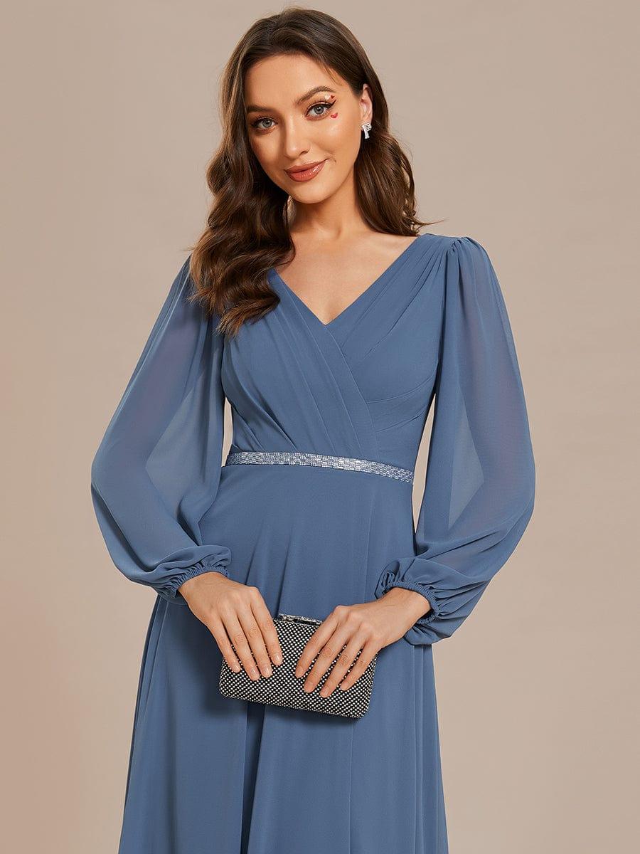 ever ESMÉE|Pleated Double V-Neck Long Sleeves Shiny Belt Chiffon Mother of the Bride Dress - Image 14