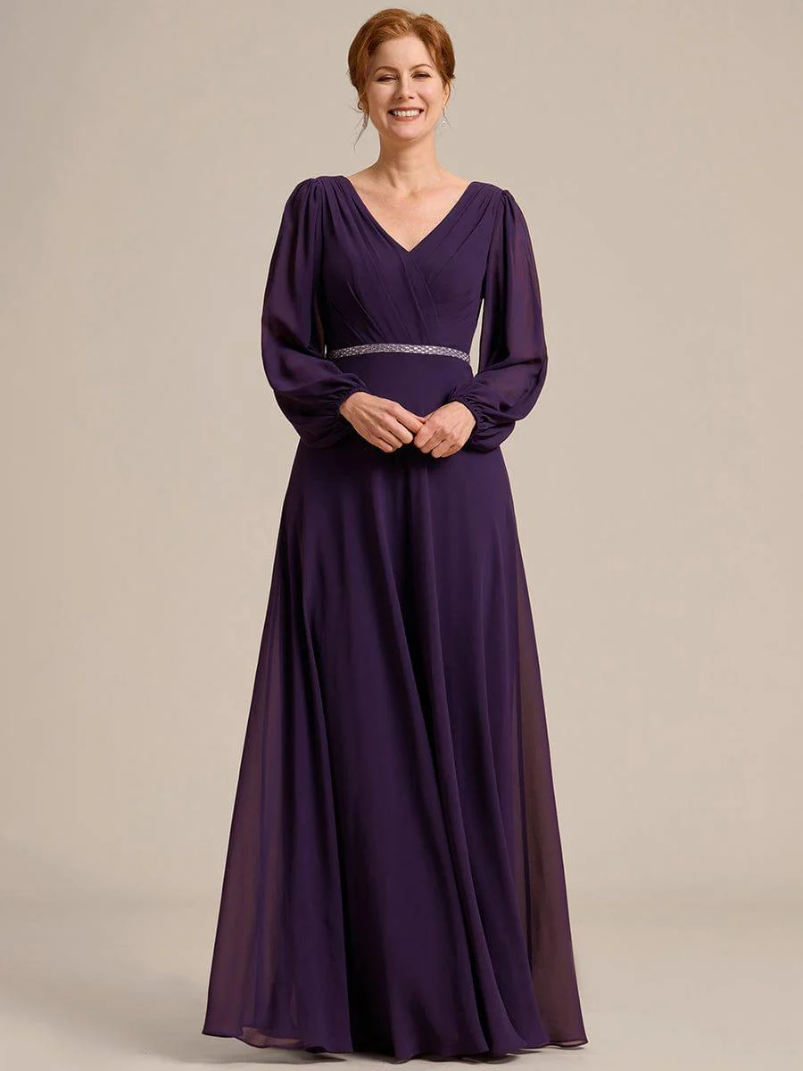 ever ESMÉE|Pleated Double V-Neck Long Sleeves Shiny Belt Chiffon Mother of the Bride Dress - Image 22