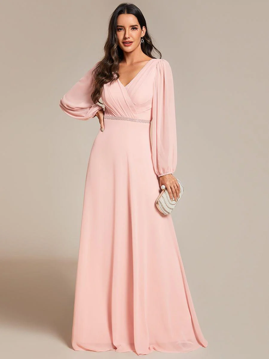 ever ESMÉE|Pleated Double V-Neck Long Sleeves Shiny Belt Chiffon Mother of the Bride Dress - Image 29