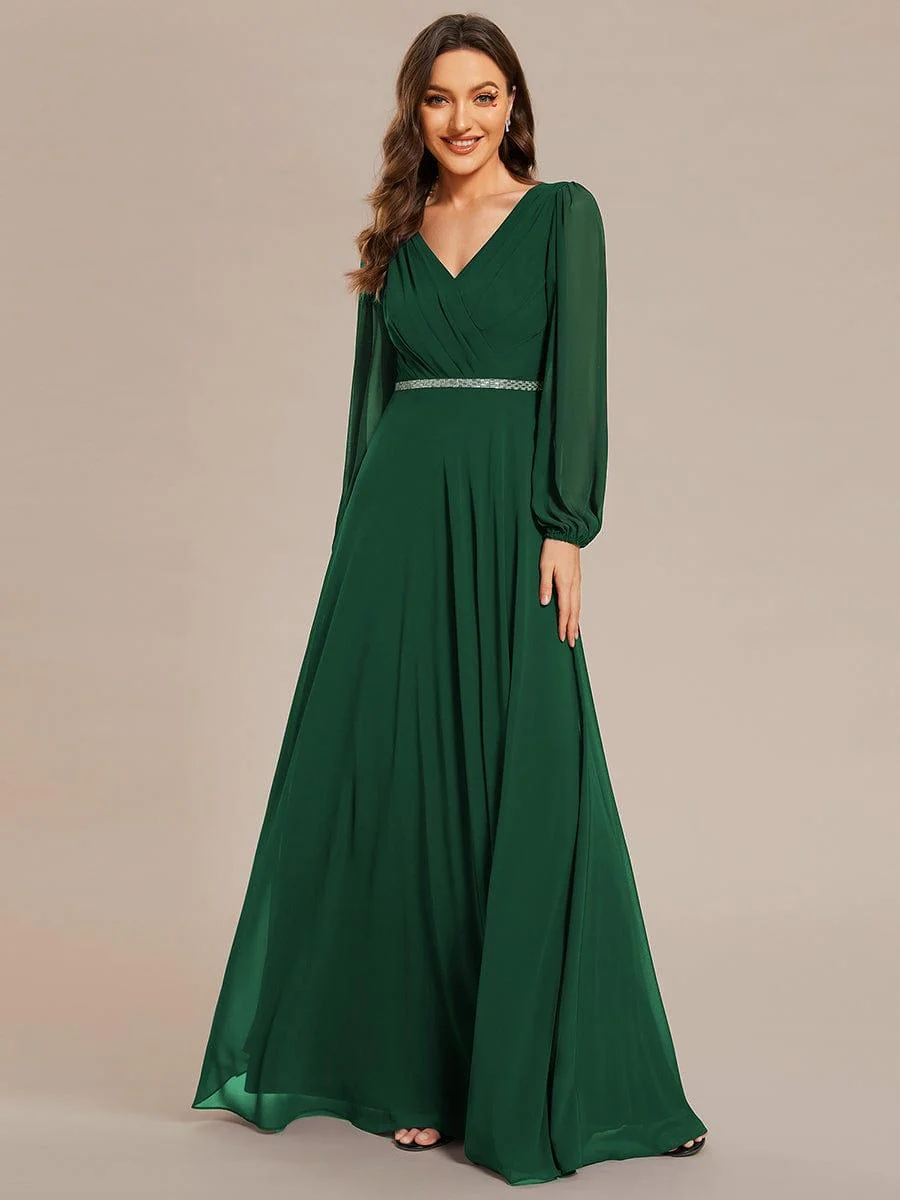 ever ESMÉE|Pleated Double V-Neck Long Sleeves Shiny Belt Chiffon Mother of the Bride Dress - Image 33