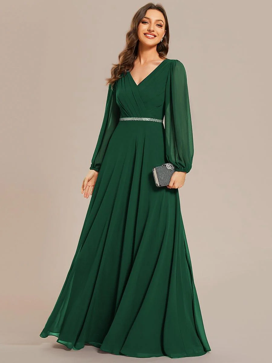 ever ESMÉE|Pleated Double V-Neck Long Sleeves Shiny Belt Chiffon Mother of the Bride Dress - Image 37