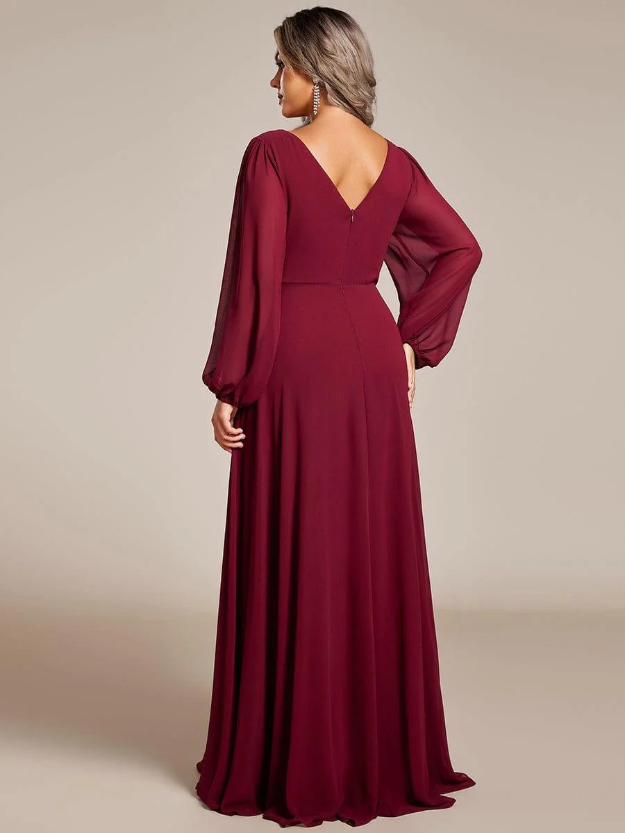 ever ESMÉE|Pleated Double V-Neck Long Sleeves Shiny Belt Chiffon Mother of the Bride Dress - Image 47