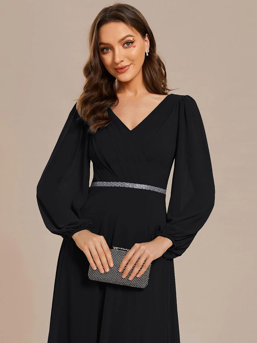 ever ESMÉE|Pleated Double V-Neck Long Sleeves Shiny Belt Chiffon Mother of the Bride Dress - Image 51