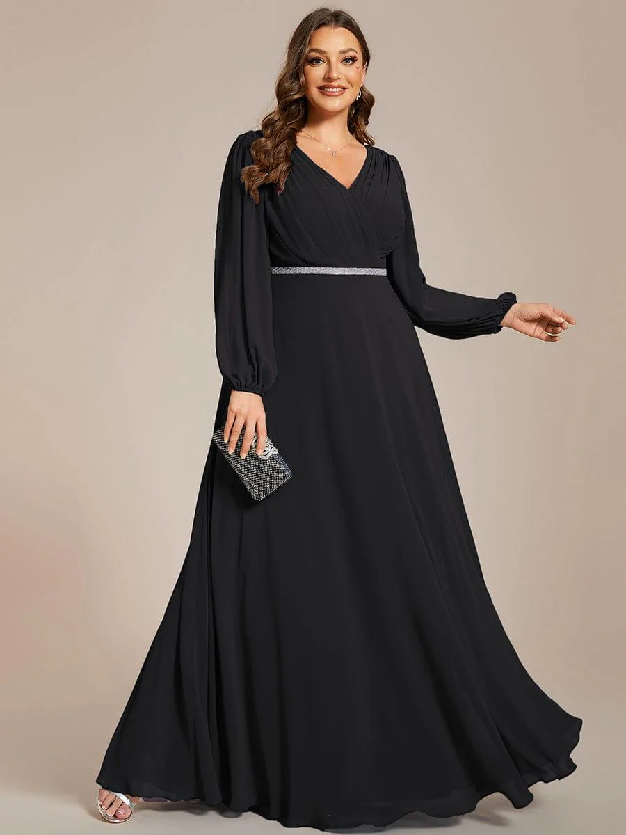ever ESMÉE|Pleated Double V-Neck Long Sleeves Shiny Belt Chiffon Mother of the Bride Dress - Image 54