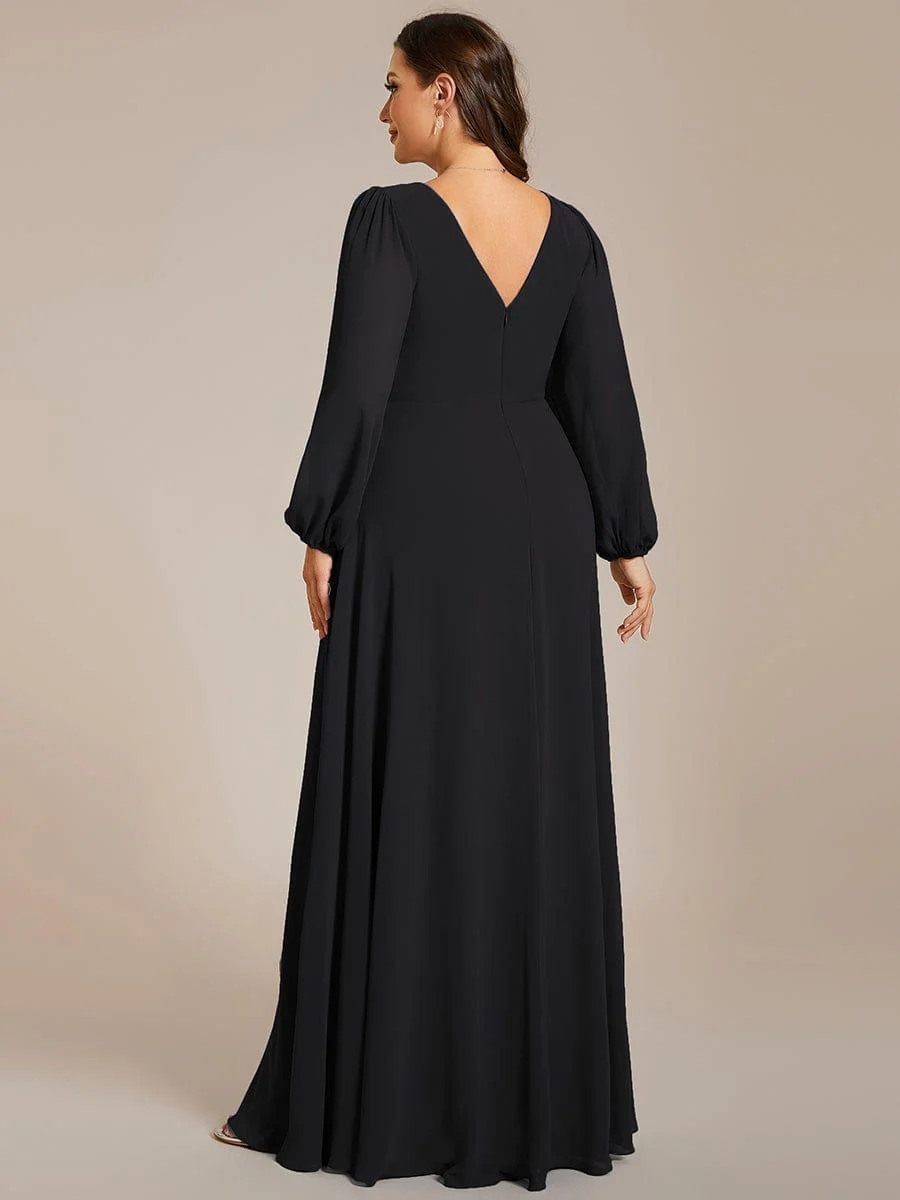 ever ESMÉE|Pleated Double V-Neck Long Sleeves Shiny Belt Chiffon Mother of the Bride Dress - Image 55