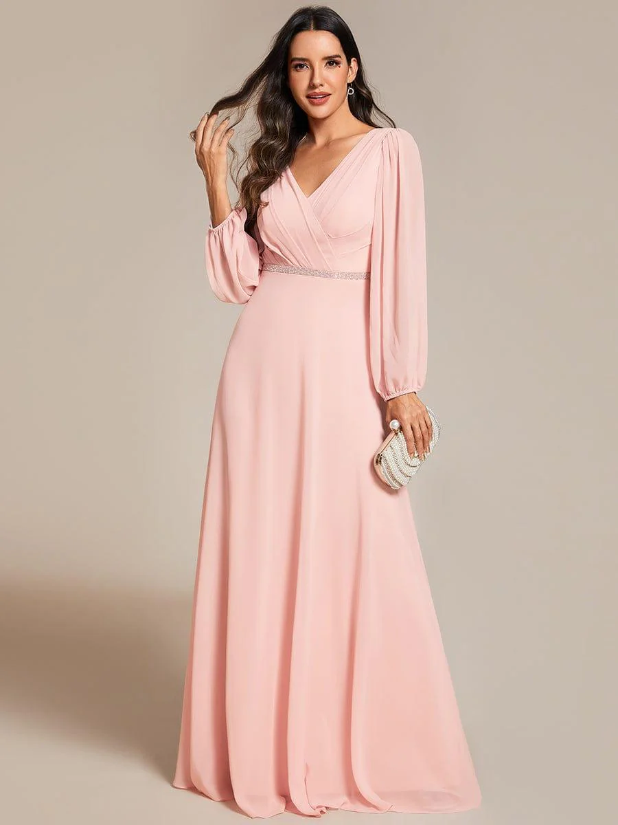 ever ESMÉE|Pleated Double V-Neck Long Sleeves Shiny Belt Chiffon Mother of the Bride Dress - Image 6