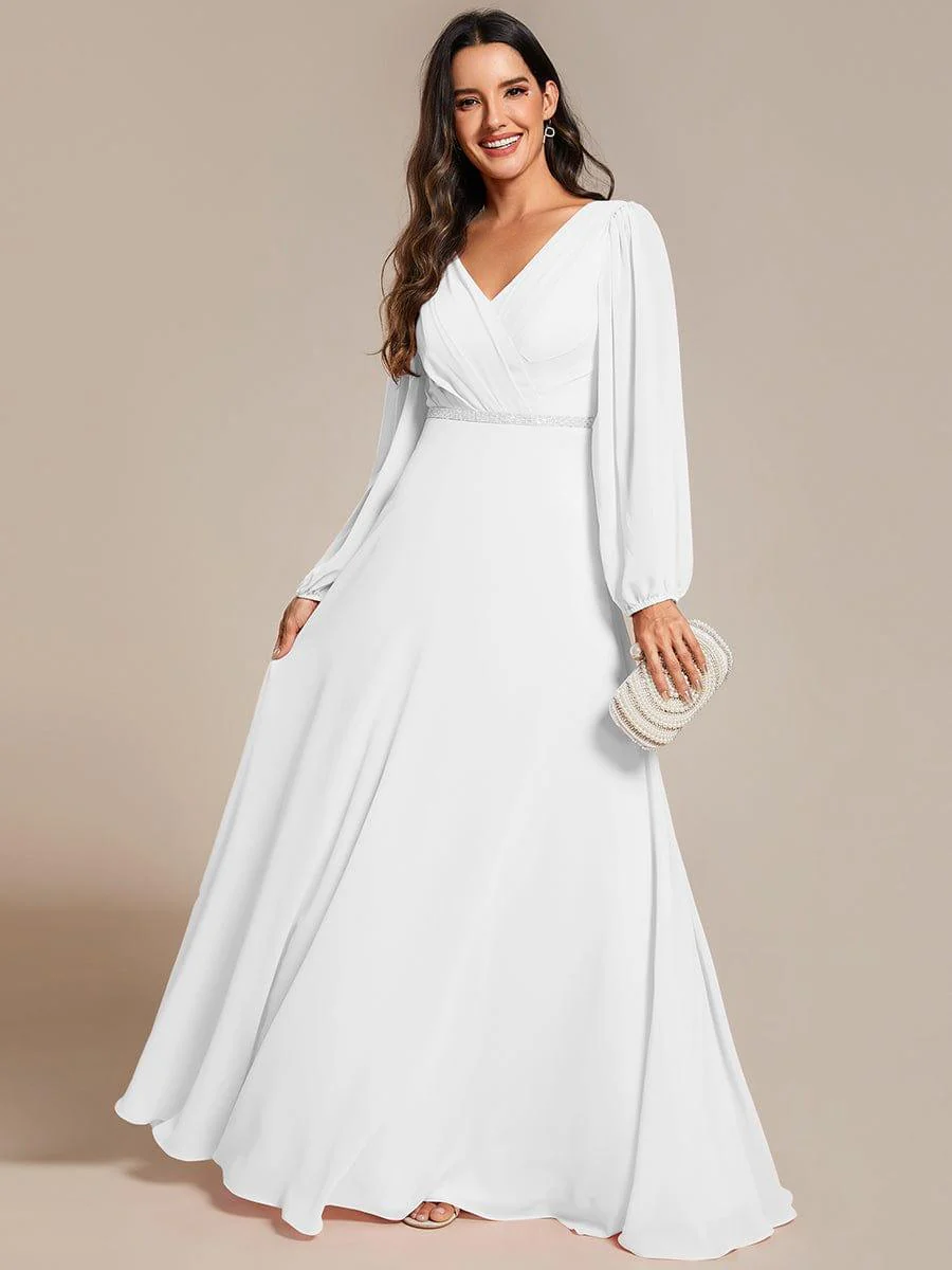 ever ESMÉE|Pleated Double V-Neck Long Sleeves Shiny Belt Chiffon Mother of the Bride Dress - Image 60