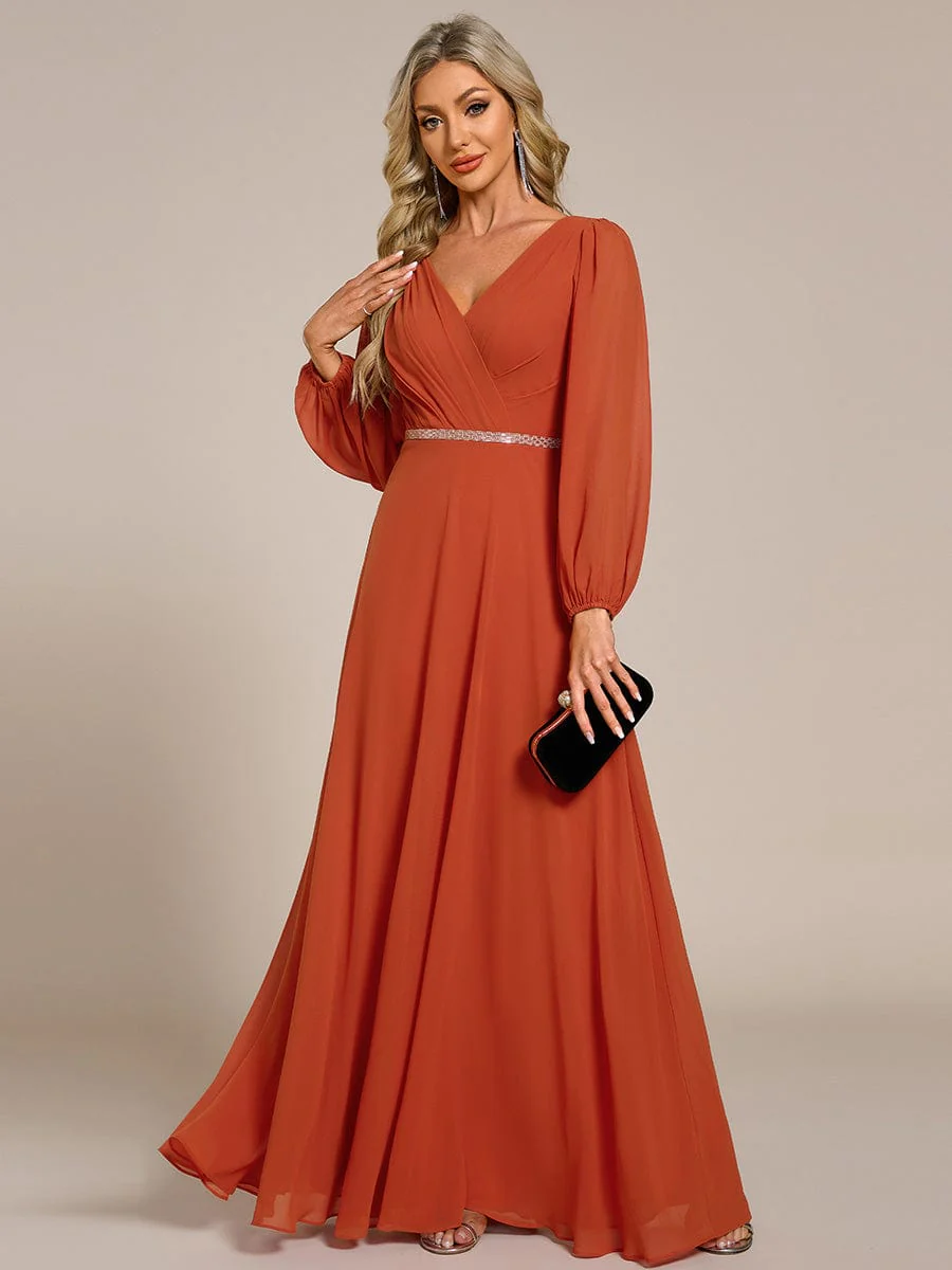 ever ESMÉE|Pleated Double V-Neck Long Sleeves Shiny Belt Chiffon Mother of the Bride Dress - Image 68