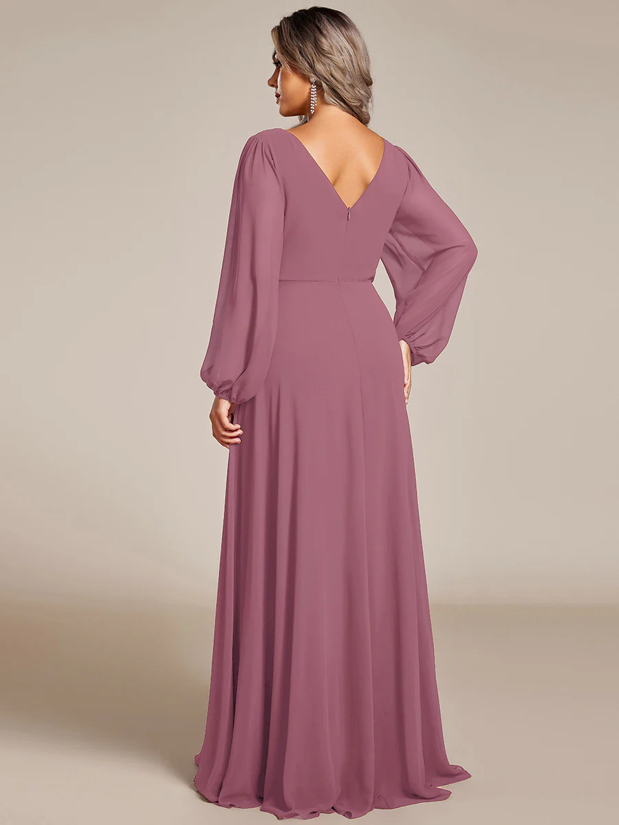ever ESMÉE|Pleated Double V-Neck Long Sleeves Shiny Belt Chiffon Mother of the Bride Dress - Image 81