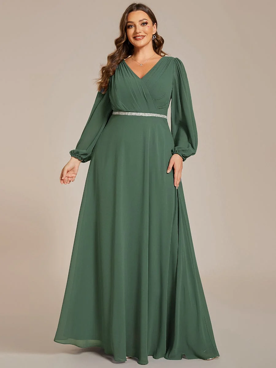ever ESMÉE|Pleated Double V-Neck Long Sleeves Shiny Belt Chiffon Mother of the Bride Dress - Image 90