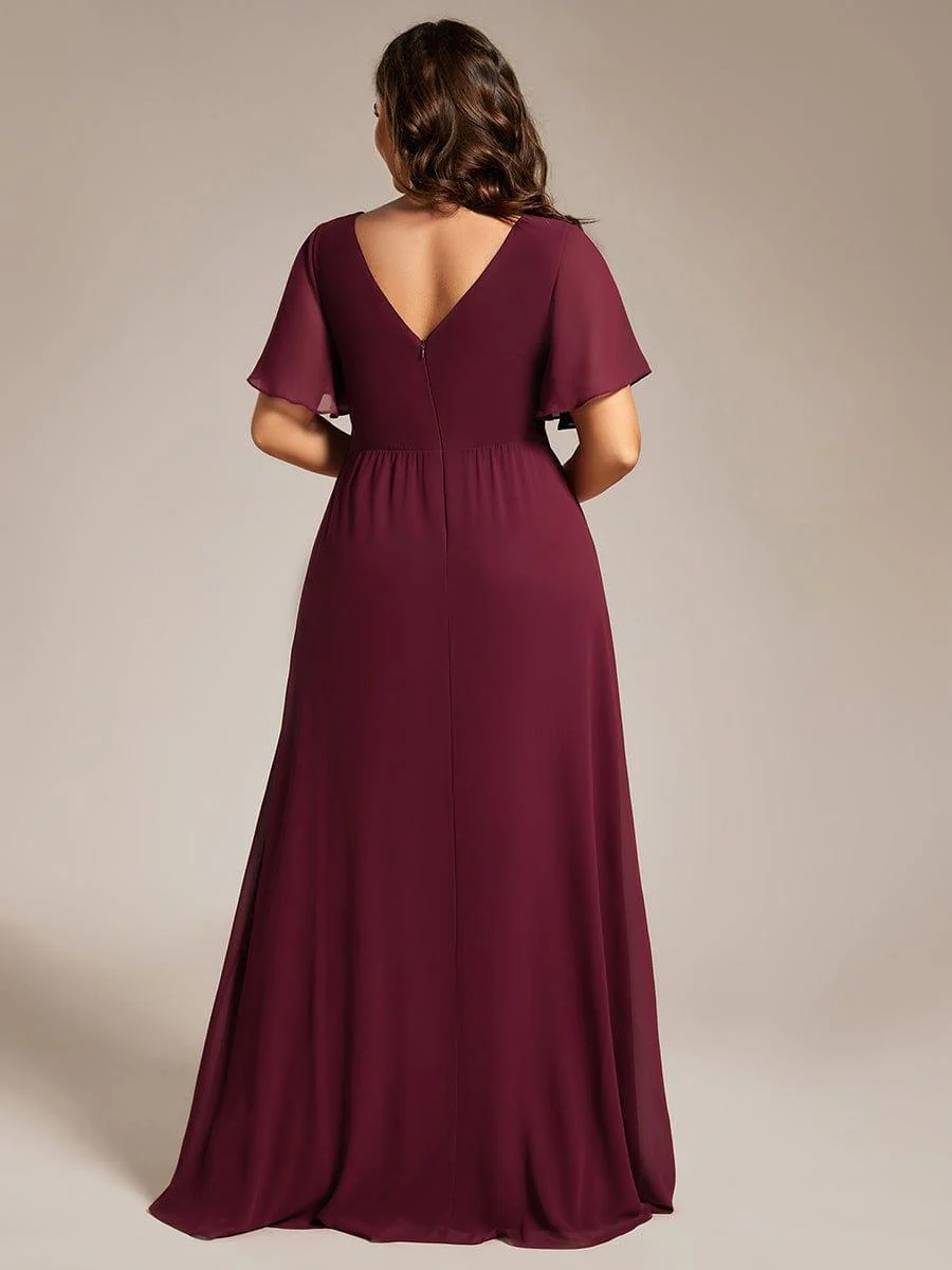 pretty LINDEN|Plus Size A-Line Ruffle Sleeves High Slit Chiffon Bridesmaid Dress - Image 10