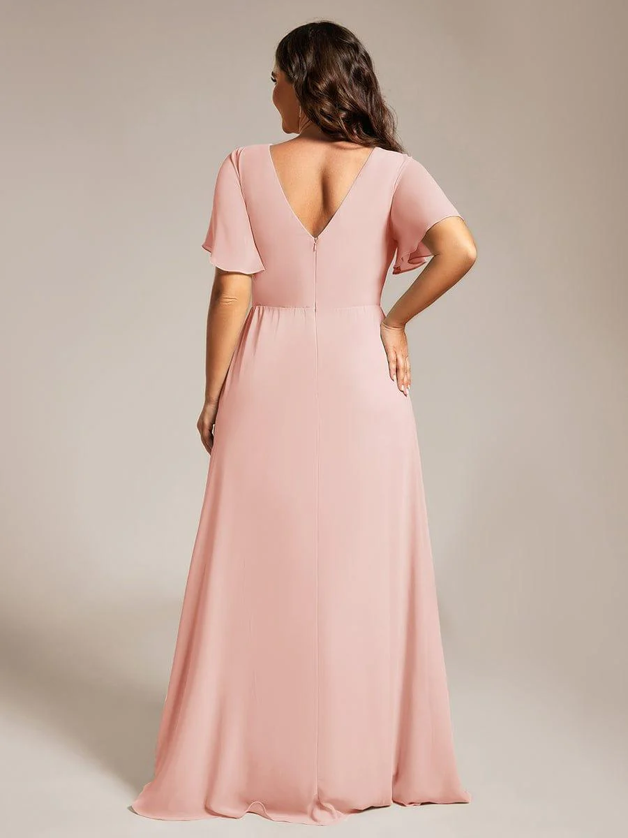 pretty LINDEN|Plus Size A-Line Ruffle Sleeves High Slit Chiffon Bridesmaid Dress - Image 22