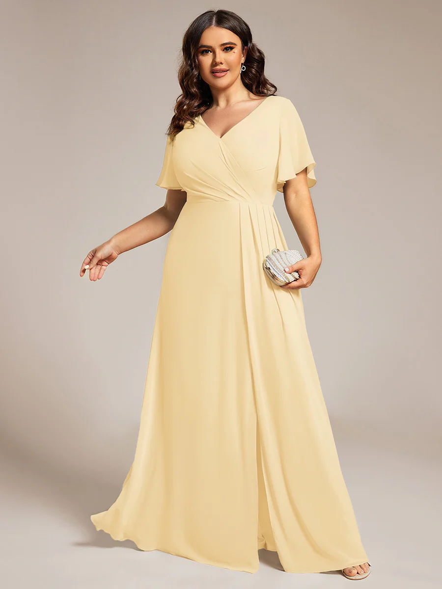 pretty LINDEN|Plus Size A-Line Ruffle Sleeves High Slit Chiffon Bridesmaid Dress - Image 29
