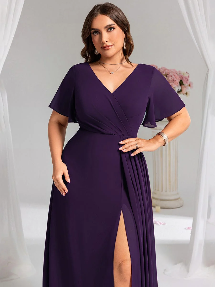 pretty LINDEN|Plus Size A-Line Ruffle Sleeves High Slit Chiffon Bridesmaid Dress - Image 48