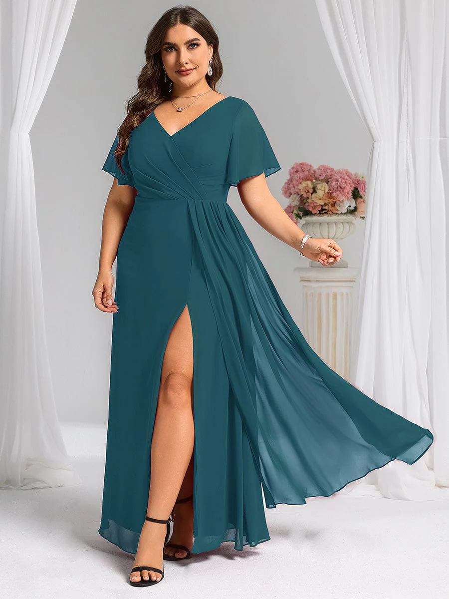 pretty LINDEN|Plus Size A-Line Ruffle Sleeves High Slit Chiffon Bridesmaid Dress - Image 55