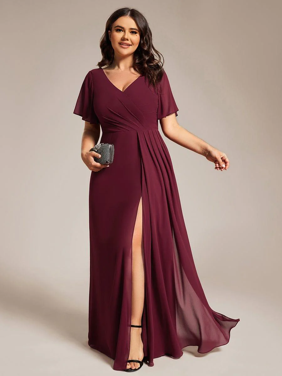 pretty LINDEN|Plus Size A-Line Ruffle Sleeves High Slit Chiffon Bridesmaid Dress - Image 9
