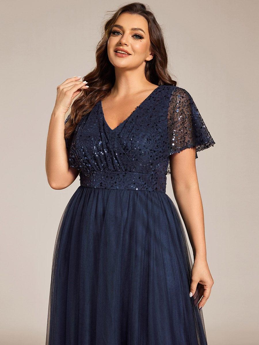 pretty NAVEYA|Plus Size A-Line Short Sleeve Tulle Evening Dress with Sequin Details - Image 13
