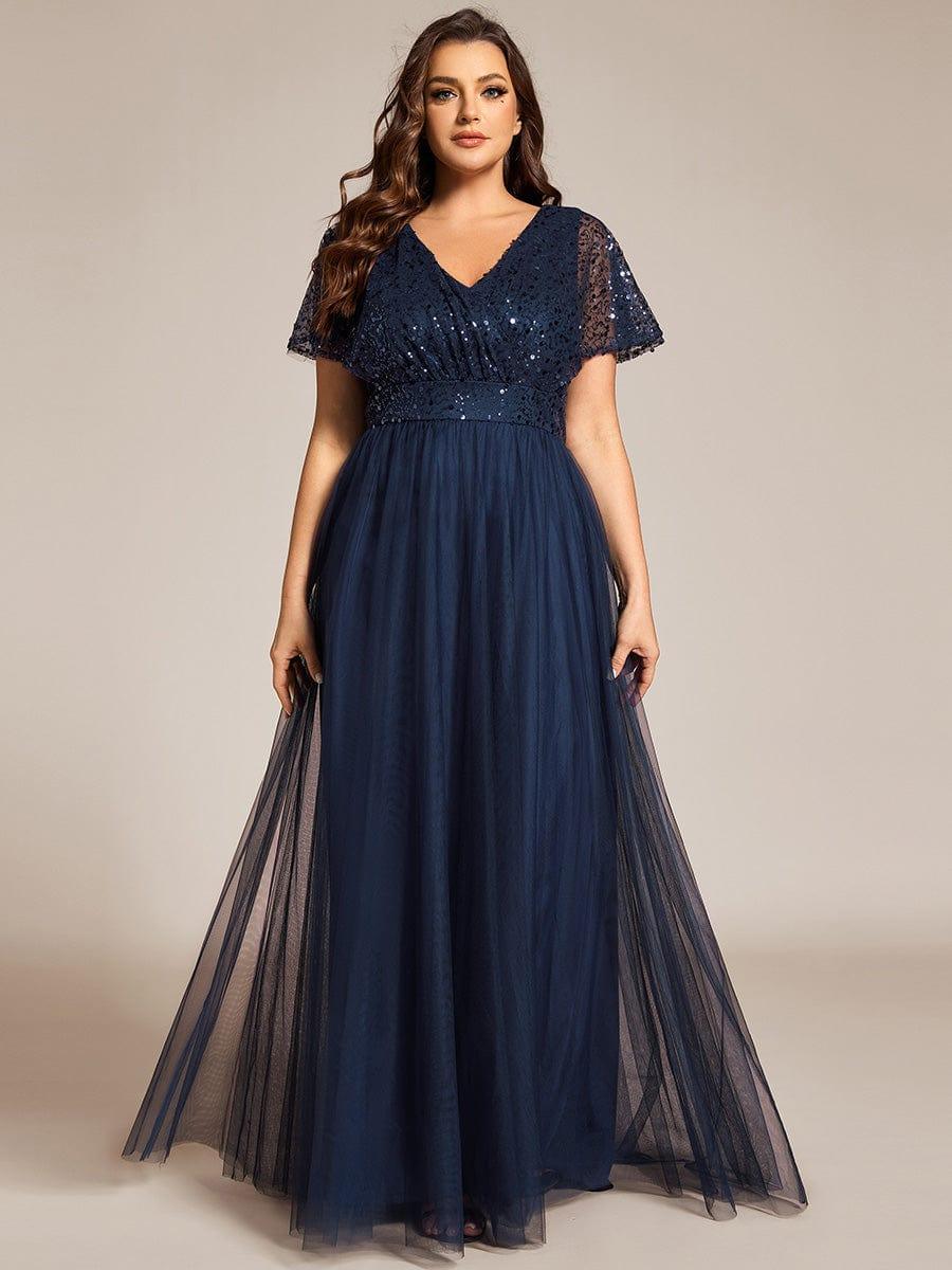 pretty NAVEYA|Plus Size A-Line Short Sleeve Tulle Evening Dress with Sequin Details - Image 14